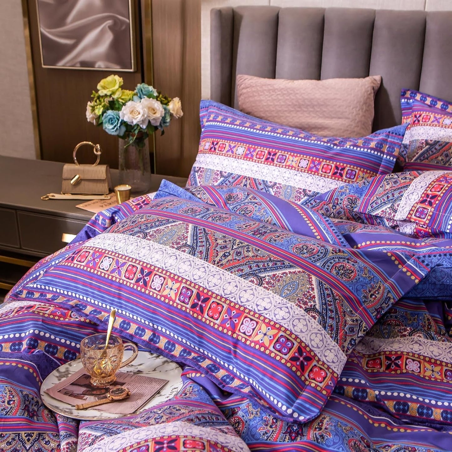ABREEZE Bohemian Vintage Queen Size Floral Cotton Bedding Set 3Pcs Duvet Cover Set Boho Purple