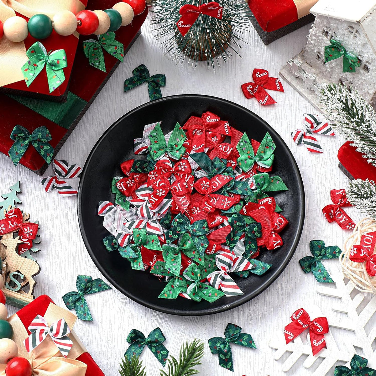 Syhood 150 Pcs Christmas Mini Bow Tiny Twist Tie Bow Handmade Craft Ribbon for DIY Sewing Party