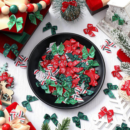 Syhood 150 Pcs Christmas Mini Bow Tiny Twist Tie Bow Handmade Craft Ribbon for DIY Sewing Party