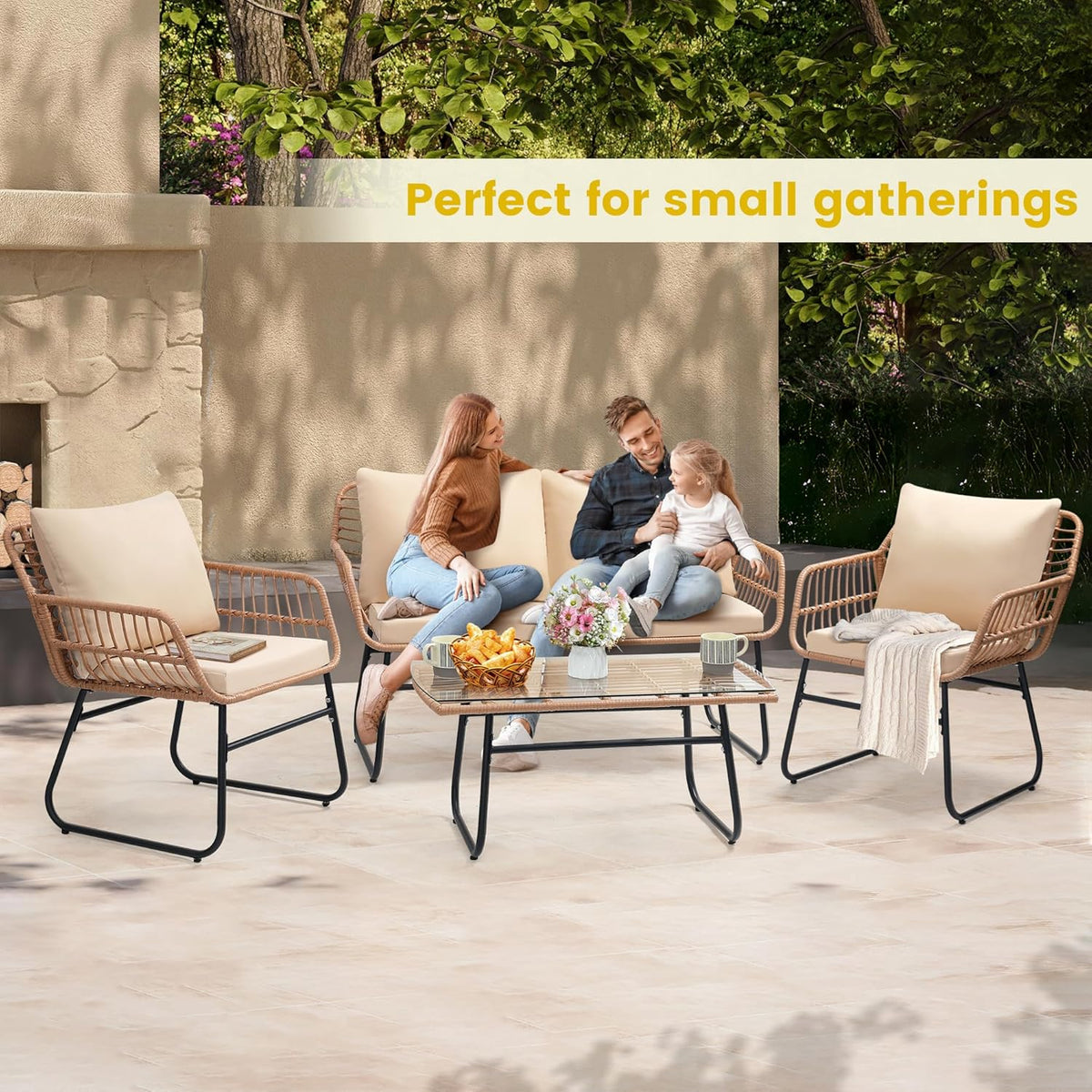 Kromax 4 Piece Patio Bistro Outdoor Furniture Set, Wicker Sofa, 2 Rattan Chairs, and Table