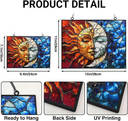 Rectangle Sun and Moon Suncatchers for Windows, Stained Glass Window Hangings,Hand-Painted Glass