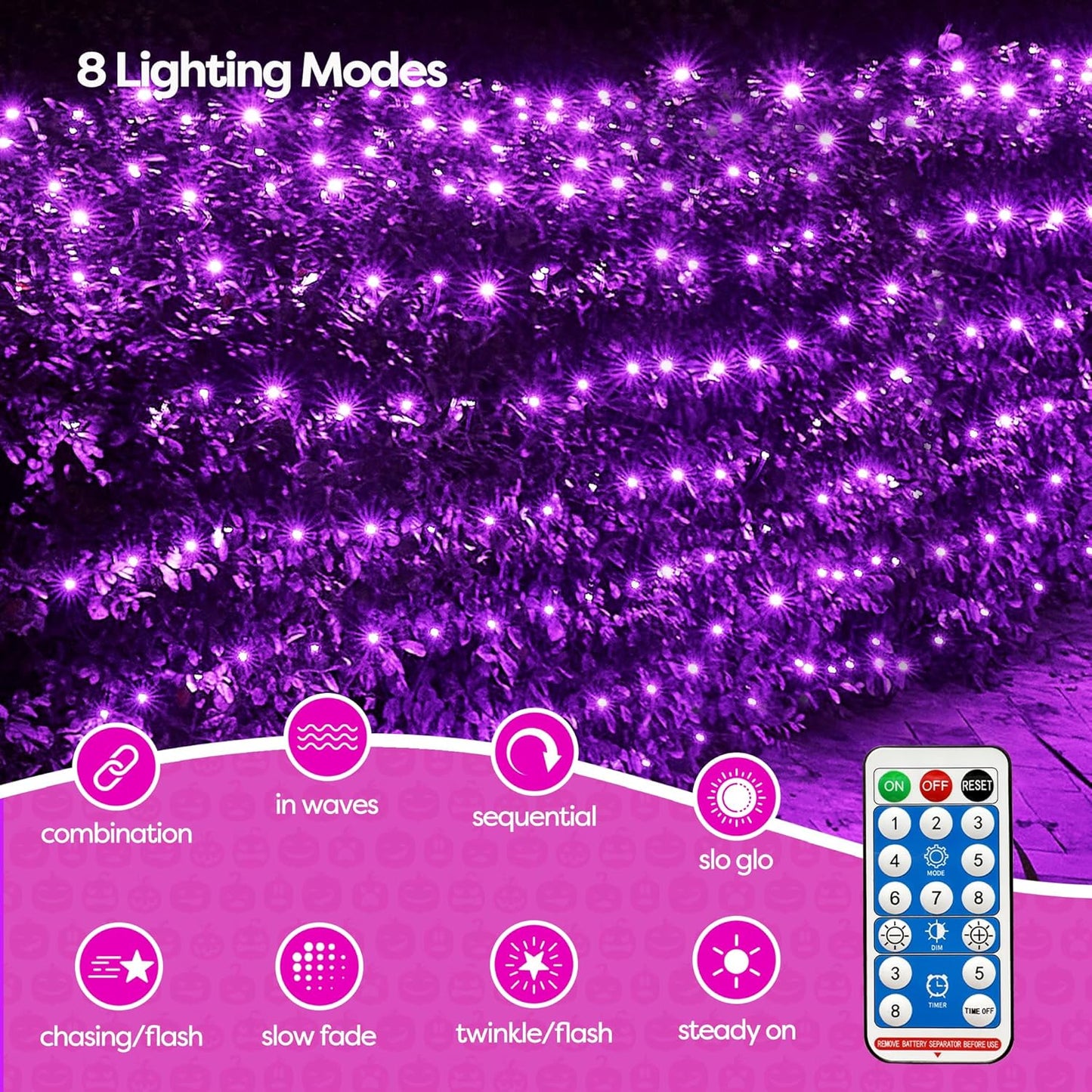 WBao Solar Halloween Lights Outdoor, 200LED 8.4ft x 5.2ft Halloween Net Lights with Remote, 8