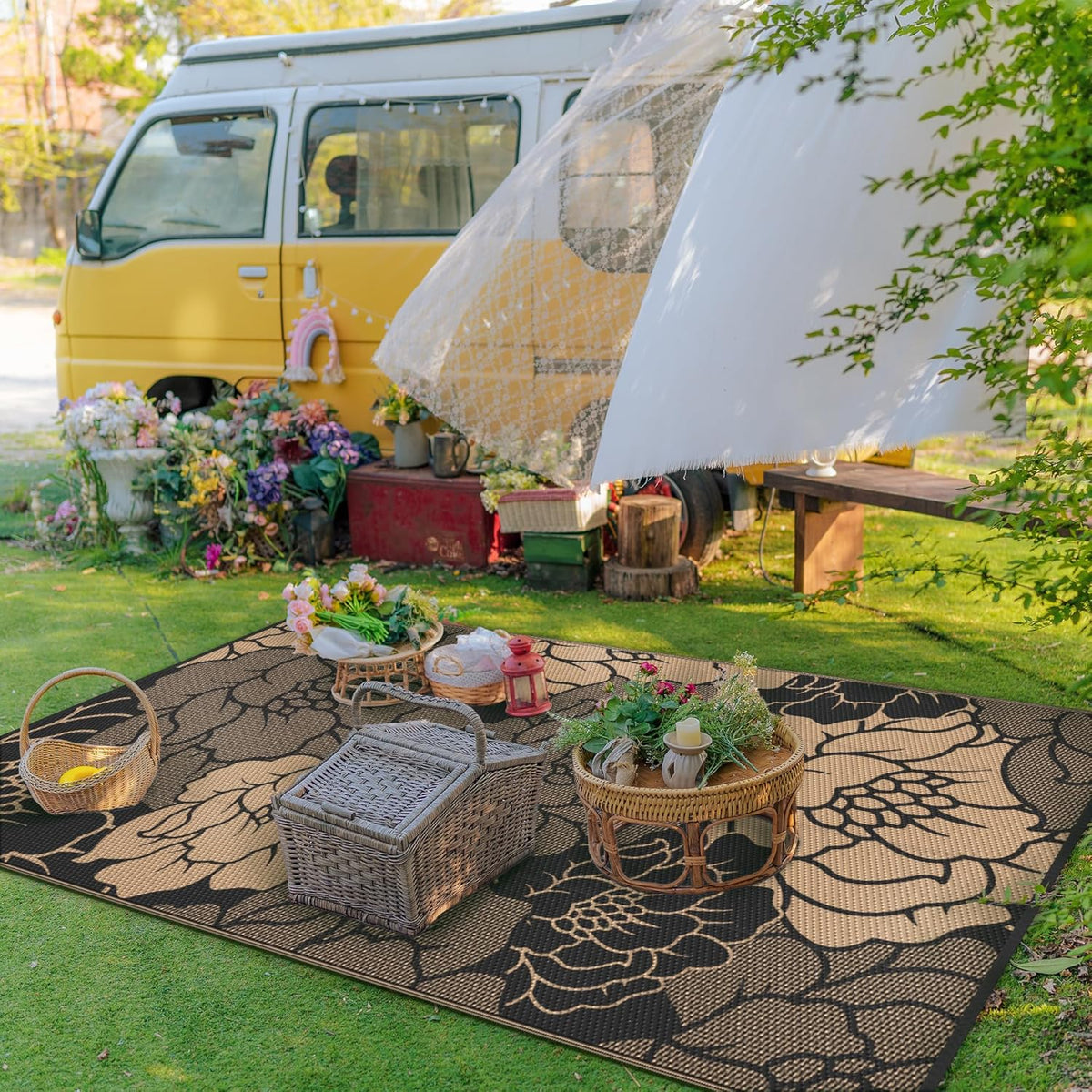 GENIMO Outdoor Rug Waterproof for Patio Decor, 8' x 10' Reversible Plastic Straw Floral Camping