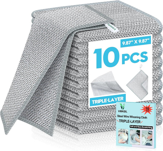 10 Pcs New Upgraded 3 Layers Non Scratch Wire Dishcloth, Multipurpose Wire Dishwashing Rags, Wet &