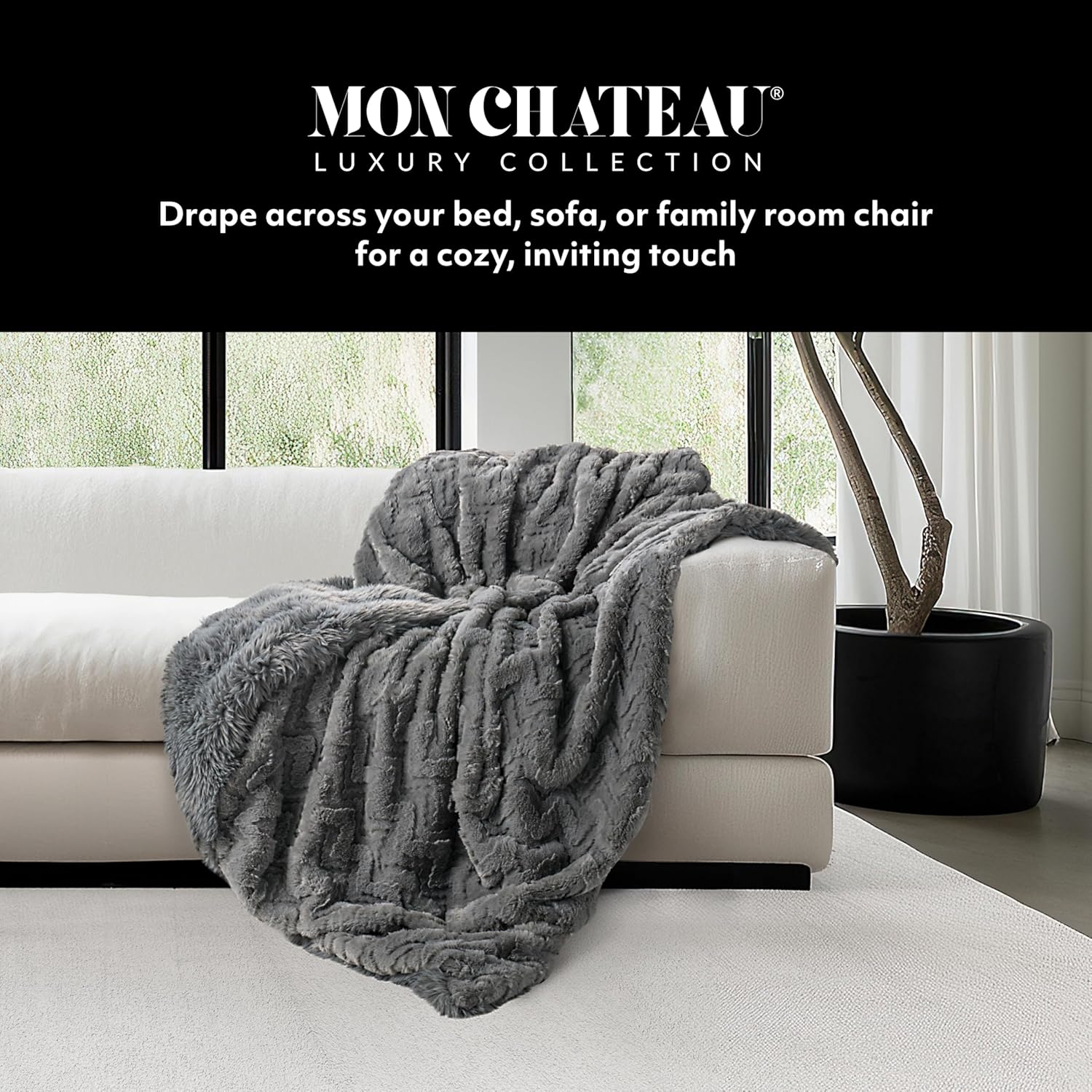 Mon Chateau Grey 3D Jacquard Faux Fur Throw, Plush Luxury Blanket for Couch, Sofa, or Bed, Soft