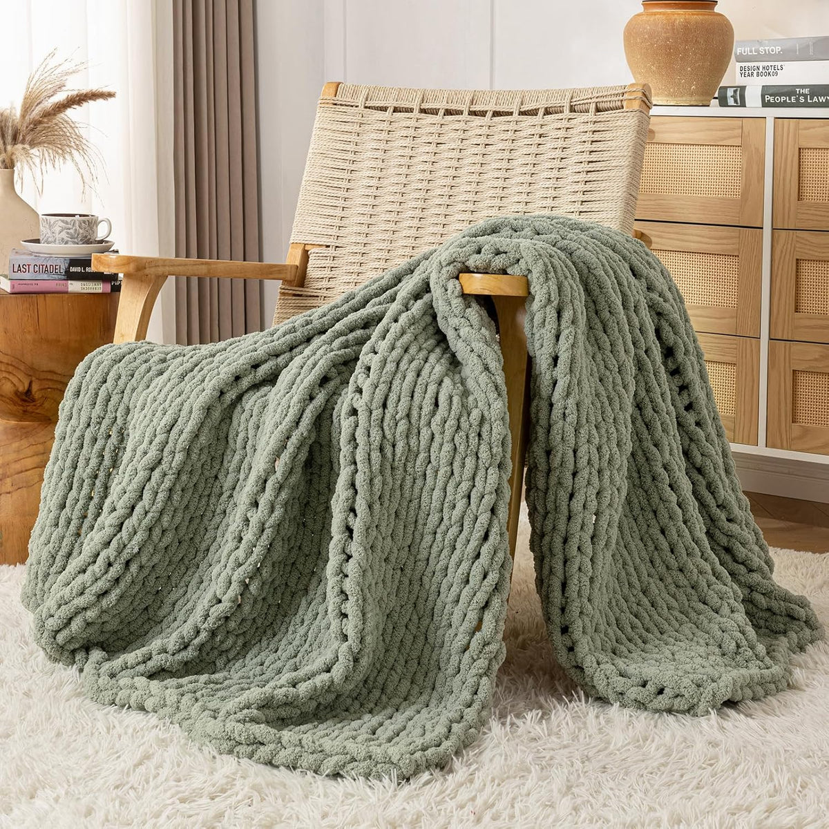 Chunky Knit Blanket Throw, 100% Hand Knit Throw Blanket Handmade Chenille Cable Knit Throw for