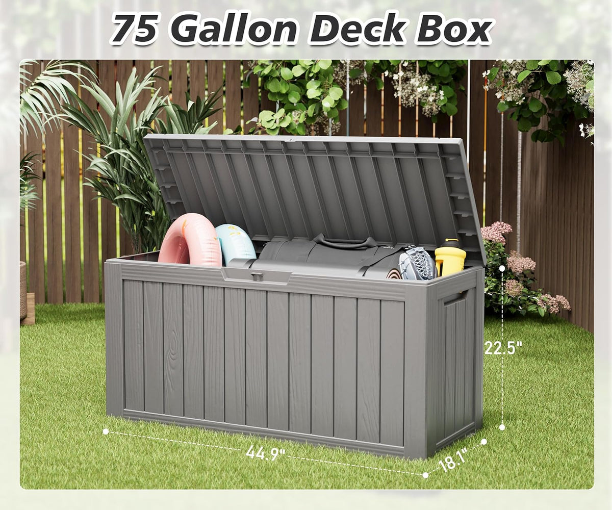 KAMABOKO Deck Box, 75 Gallon Resin Indoor and Outdoor Storage Boxes Waterproof for Garden Tools