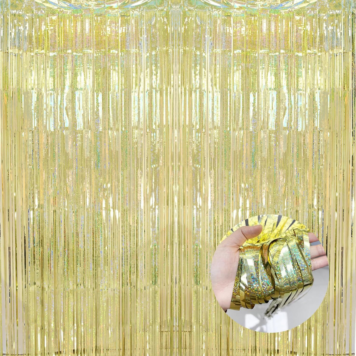 BRAVESHINE Gold Tinsel Streamers Party Backdrop - 2 Pack 3.2x8.2ft Metallic Foil Fringe Curtain for
