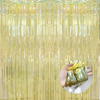 BRAVESHINE Gold Tinsel Streamers Party Backdrop - 2 Pack 3.2x8.2ft Metallic Foil Fringe Curtain for