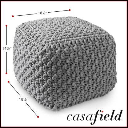 Casafield Square Pouf Ottoman, Light Gray 18.5" W x 18.5" D x 14.5" H Cotton Knit Foot Stool - Boho