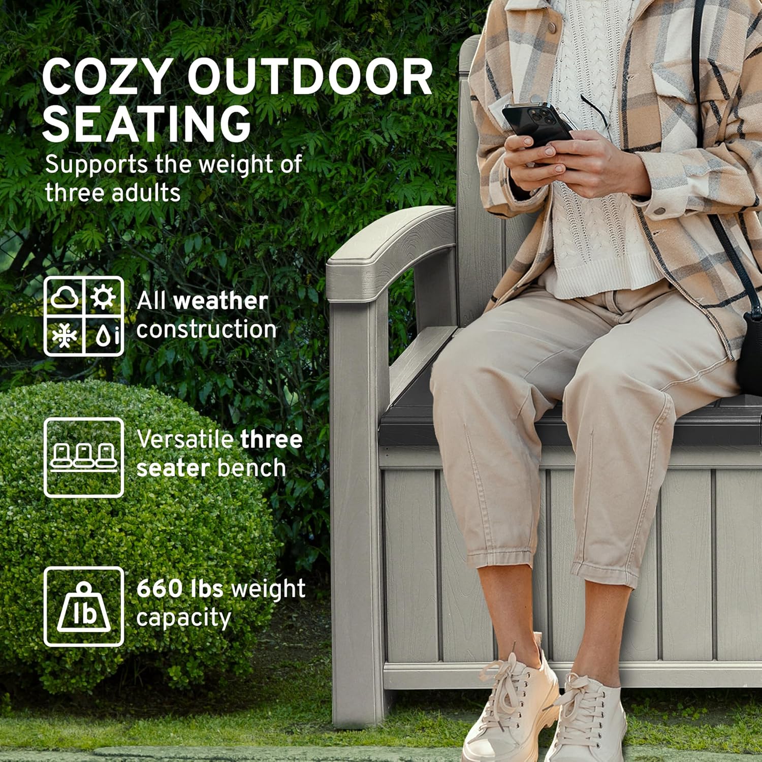 EconoHome 3 Seat Outdoor Storage Bench with Rain Cover - 90 Gallon Capacity - Weatherproof Resin