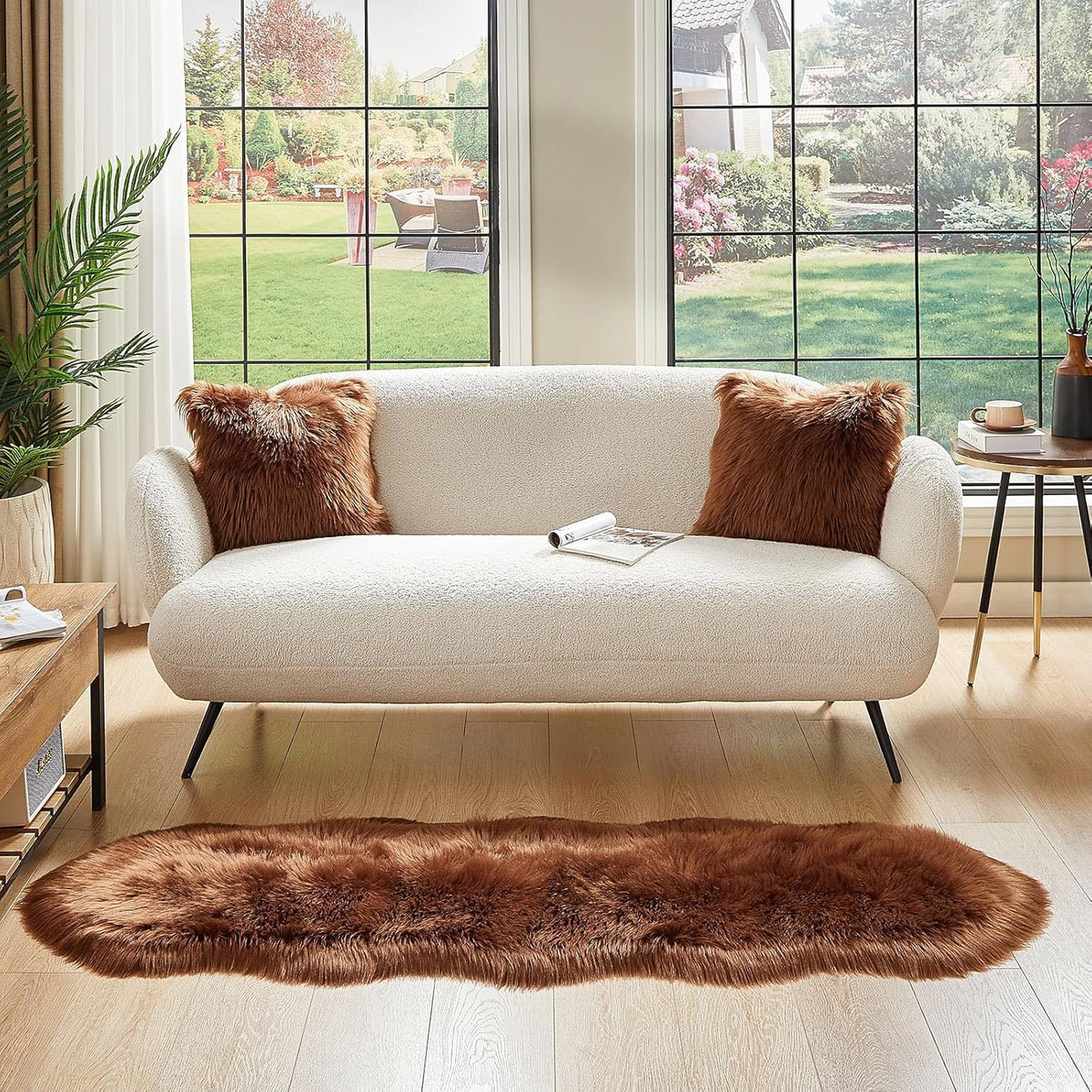 AMTOVO Faux Sheepskin Rug, Coffee Ultra Soft Fluffy Shag Area Rug, 2 x 6 ft Faux Fur Rug for