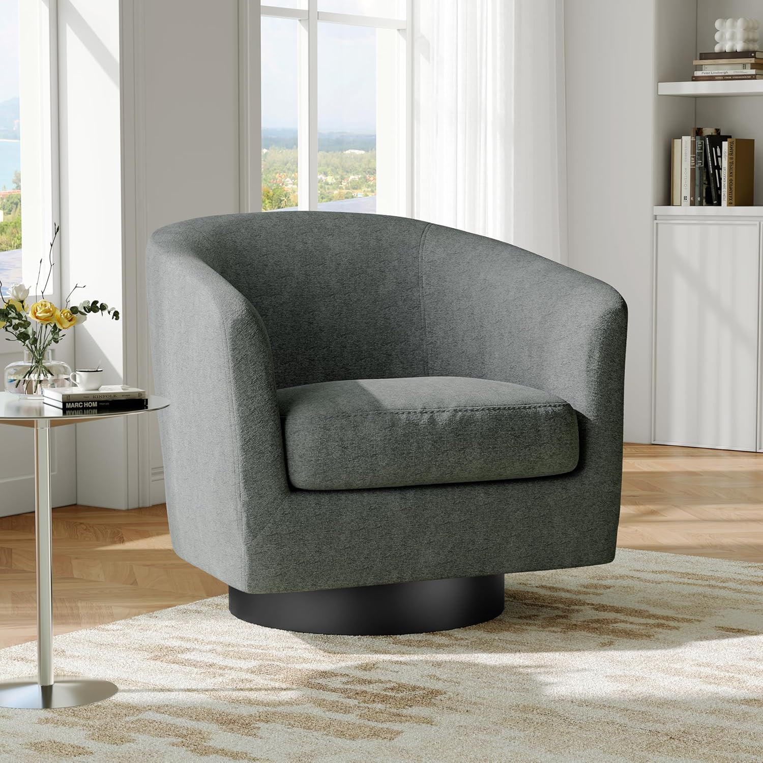 Swivel Barrel Accent Chair, Modern Round Chenille Fabric Arm Chair for Living Room, Bedroom, Comfy