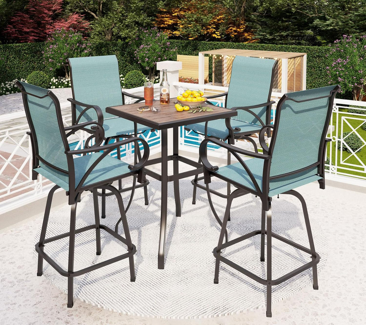 PHI VILLA 5 Piece Outdoor Bar Set, High Top Patio Bistro Bar Table and 4 Outdoor Swivel Bar Stools