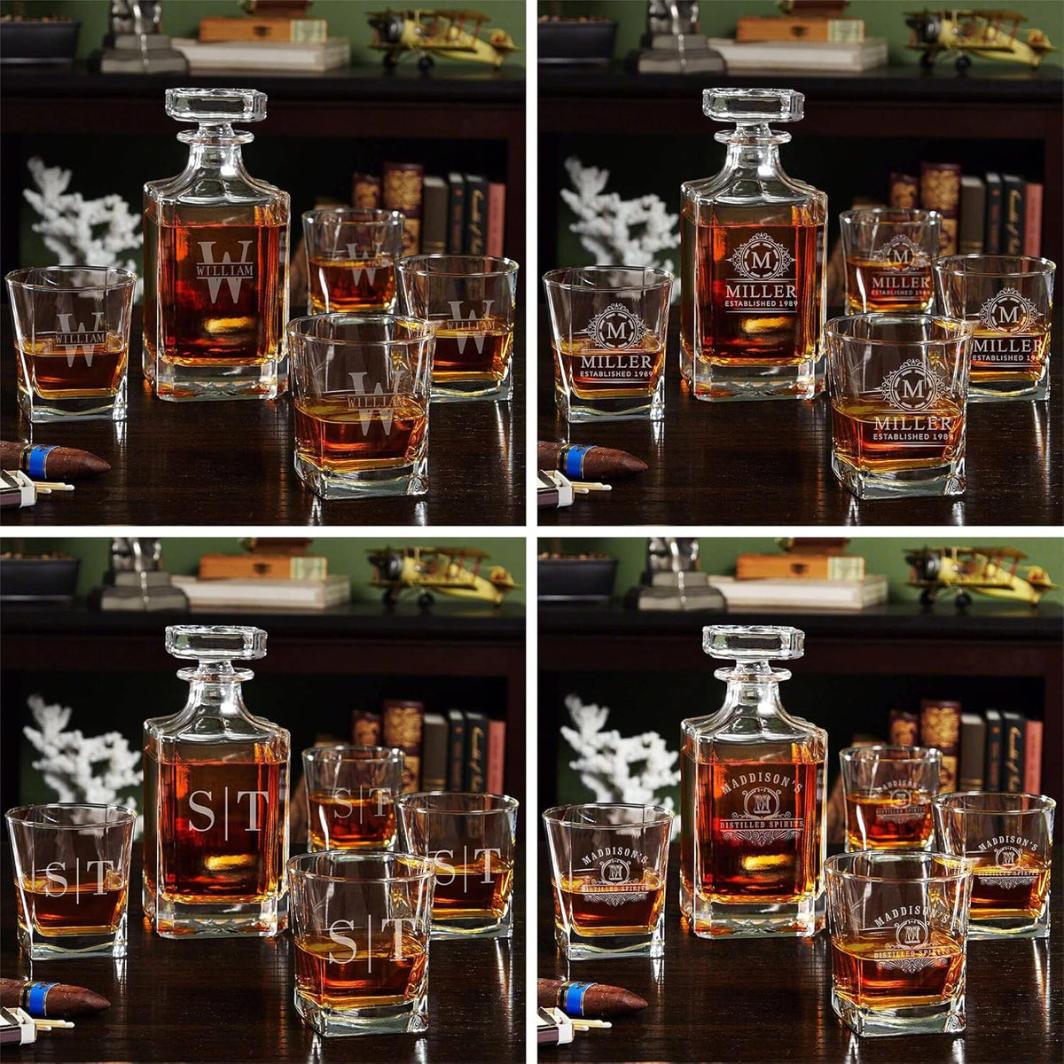 Personalized Whiskey Decanter Set with Wood Gift Box - Custom Bourbon and Scotch Gift Boxed Set
