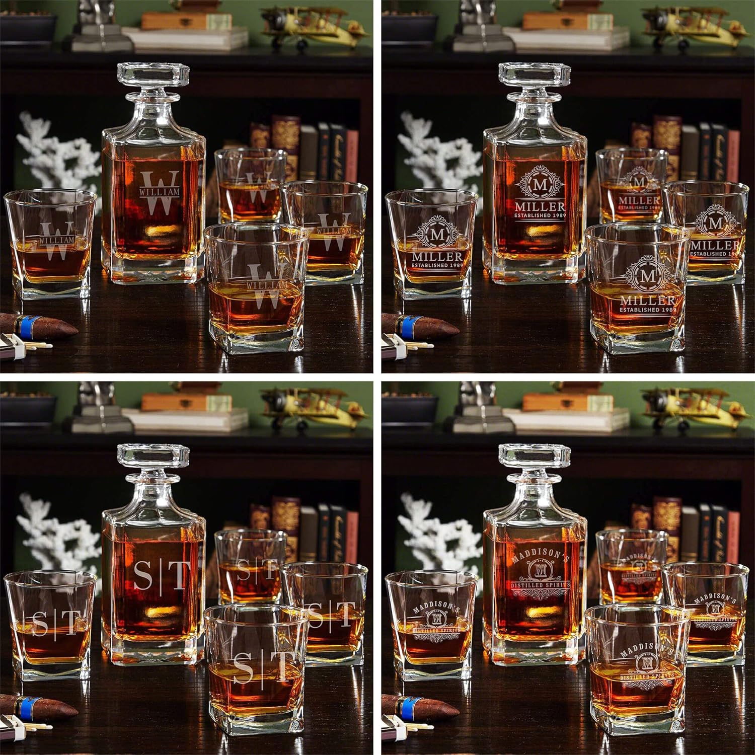 Personalized Whiskey Decanter Set with Wood Gift Box - Custom Bourbon and Scotch Gift Boxed Set