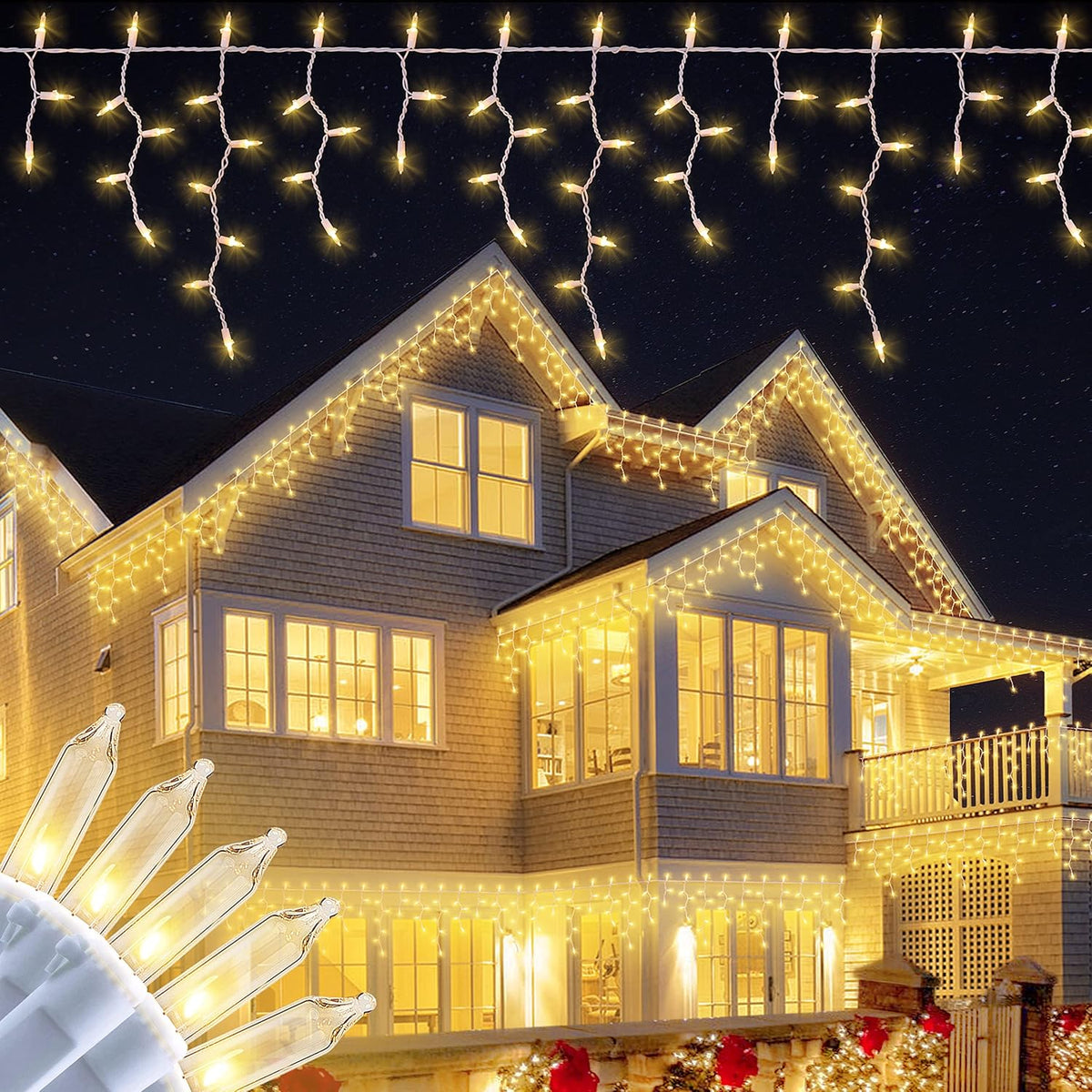 200 Christmas Icicle Lights, Warm White Clear Bulbs with 23FT Long White Wire, Professional Grade