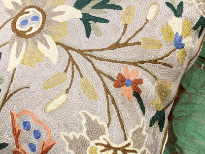 Beige Floral Pillow Cover Taupe Flower Traditional Hand Embroidered Pillowcase Traditional Outdoor