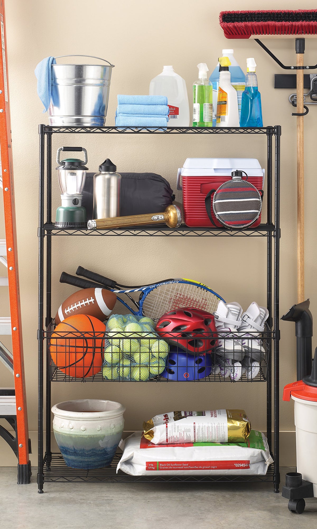 Whitmor 4-Wire Shelving Unit, Metal Storage Shelves with Basket, Easy Assembly Home Organizer for
