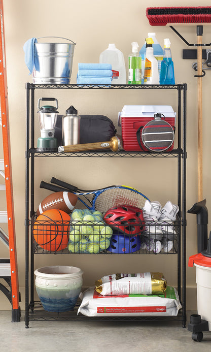 Whitmor 4-Wire Shelving Unit, Metal Storage Shelves with Basket, Easy Assembly Home Organizer for