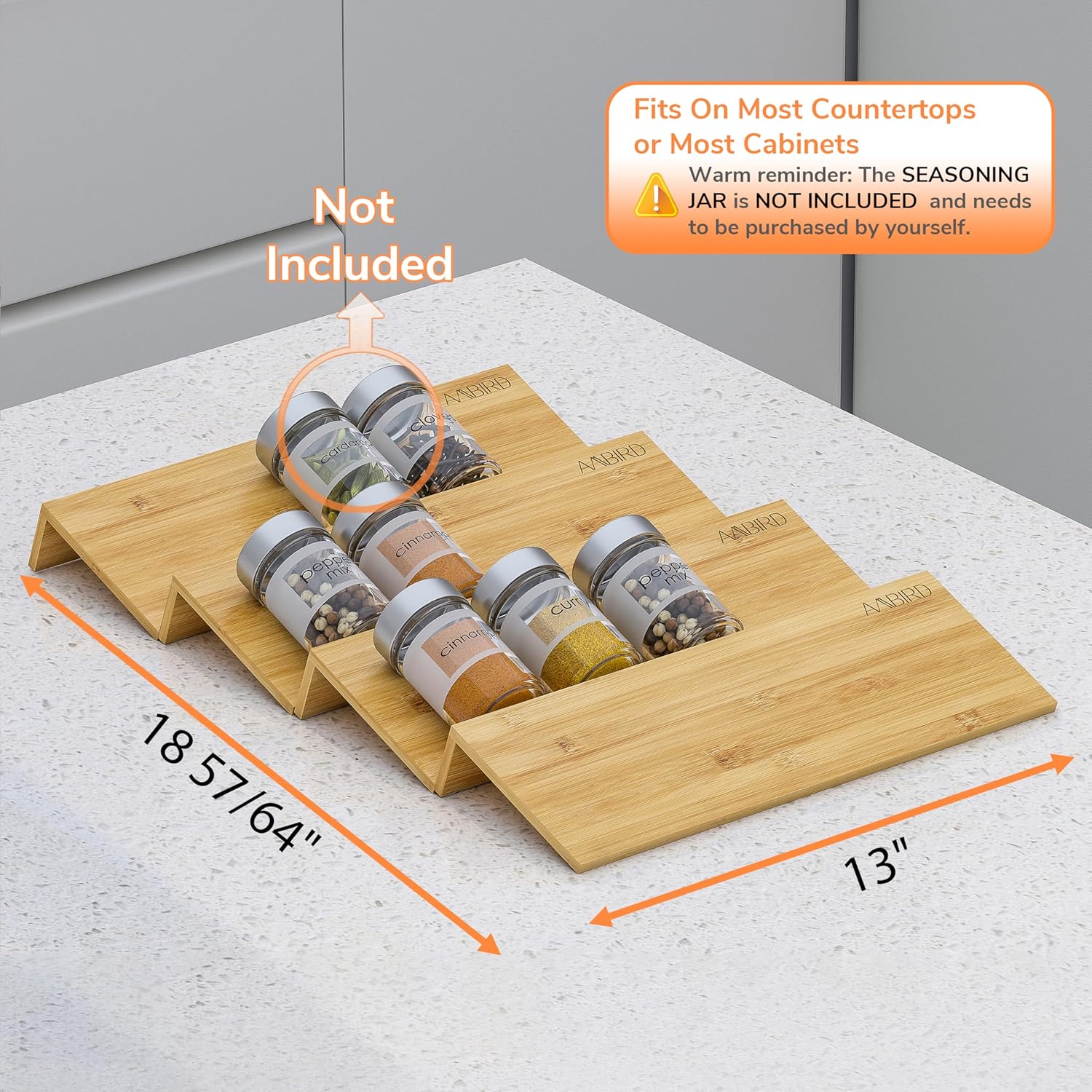 AMBIRD Bamboo Spice Drawer Organizer with Non-slip Mat, 4 Tier Jar Spice Rack Tray 13'',Seasoning
