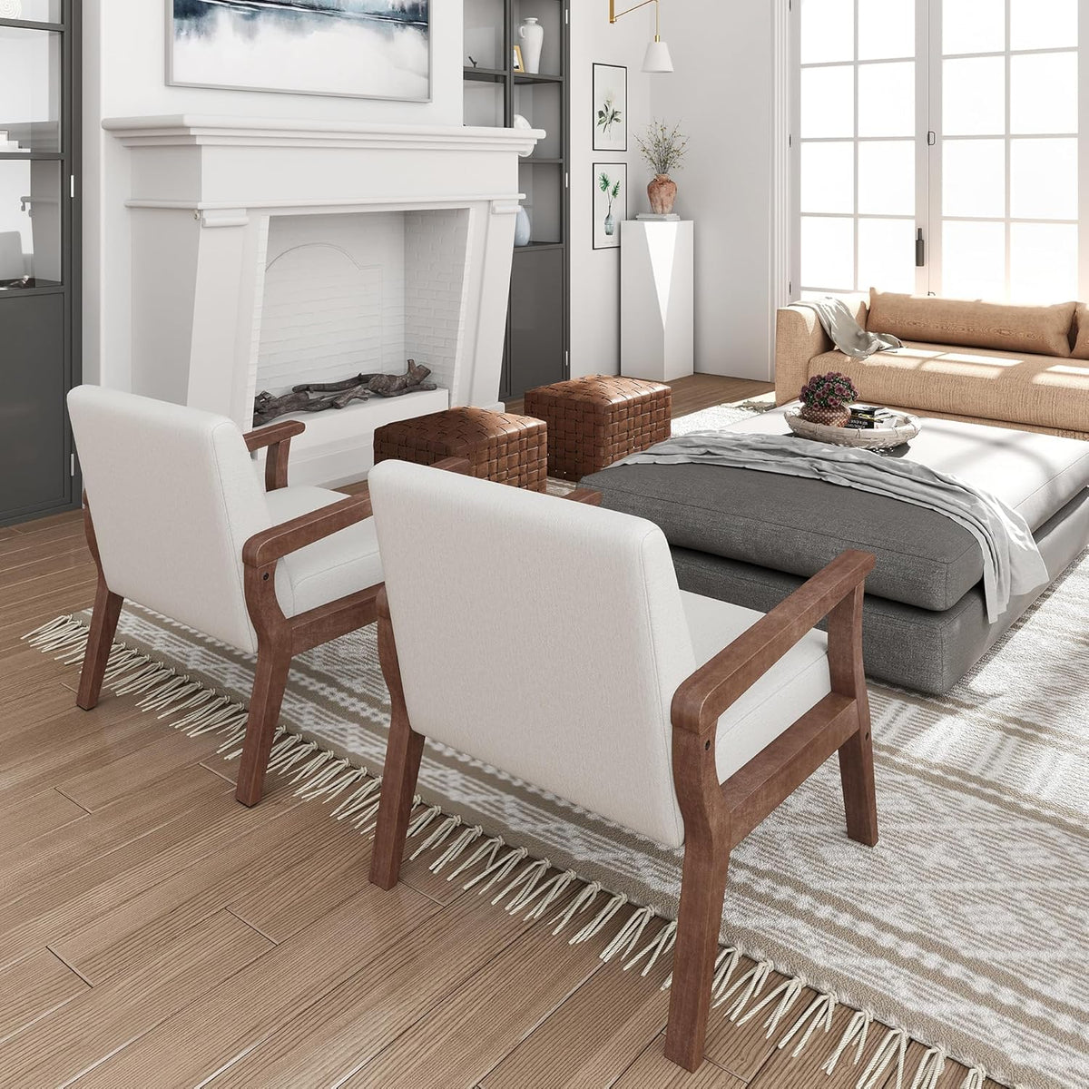 HNY Mid Century Armchair with Wood Frames, Linen Upholstered Living Room Arm Chair, for Living