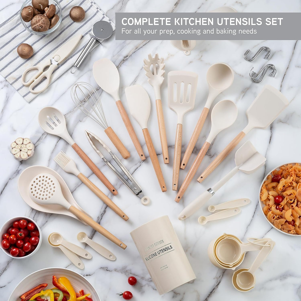 Country Kitchen Non Stick Silicone Utensil Set with Rounded Wood Handles for Cooking and Baking, 38
