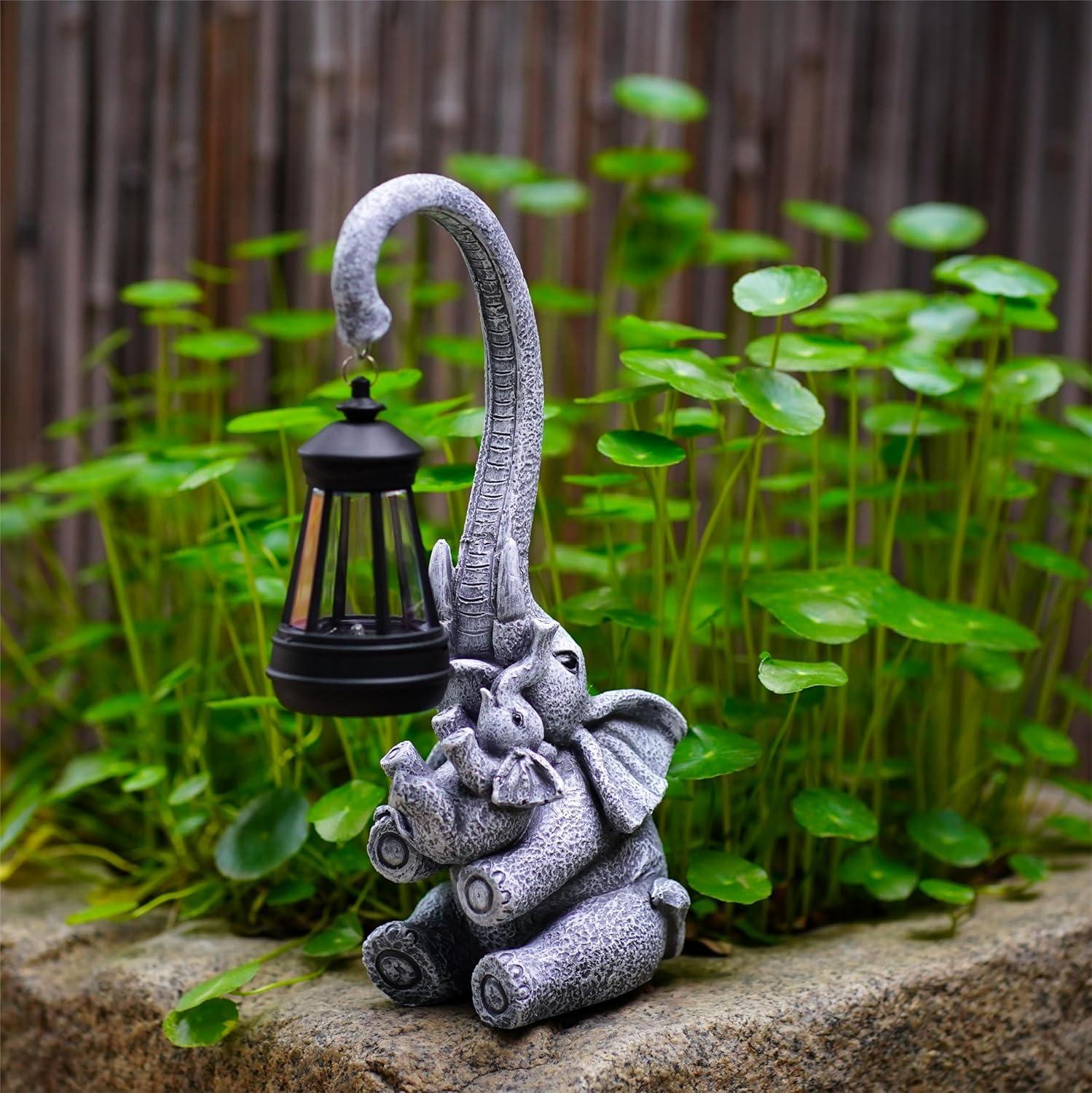 Elephant Outdoor Statues with Cute Baby Garden Decor, Resin Elephant Figurines with Solar Lantern