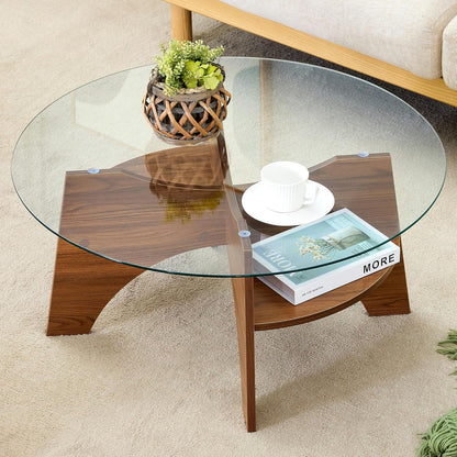 31.5" Round Glass Coffee Table with Tempered Glass Top and MDF Base, Diagonal Fan-Shaped Tray