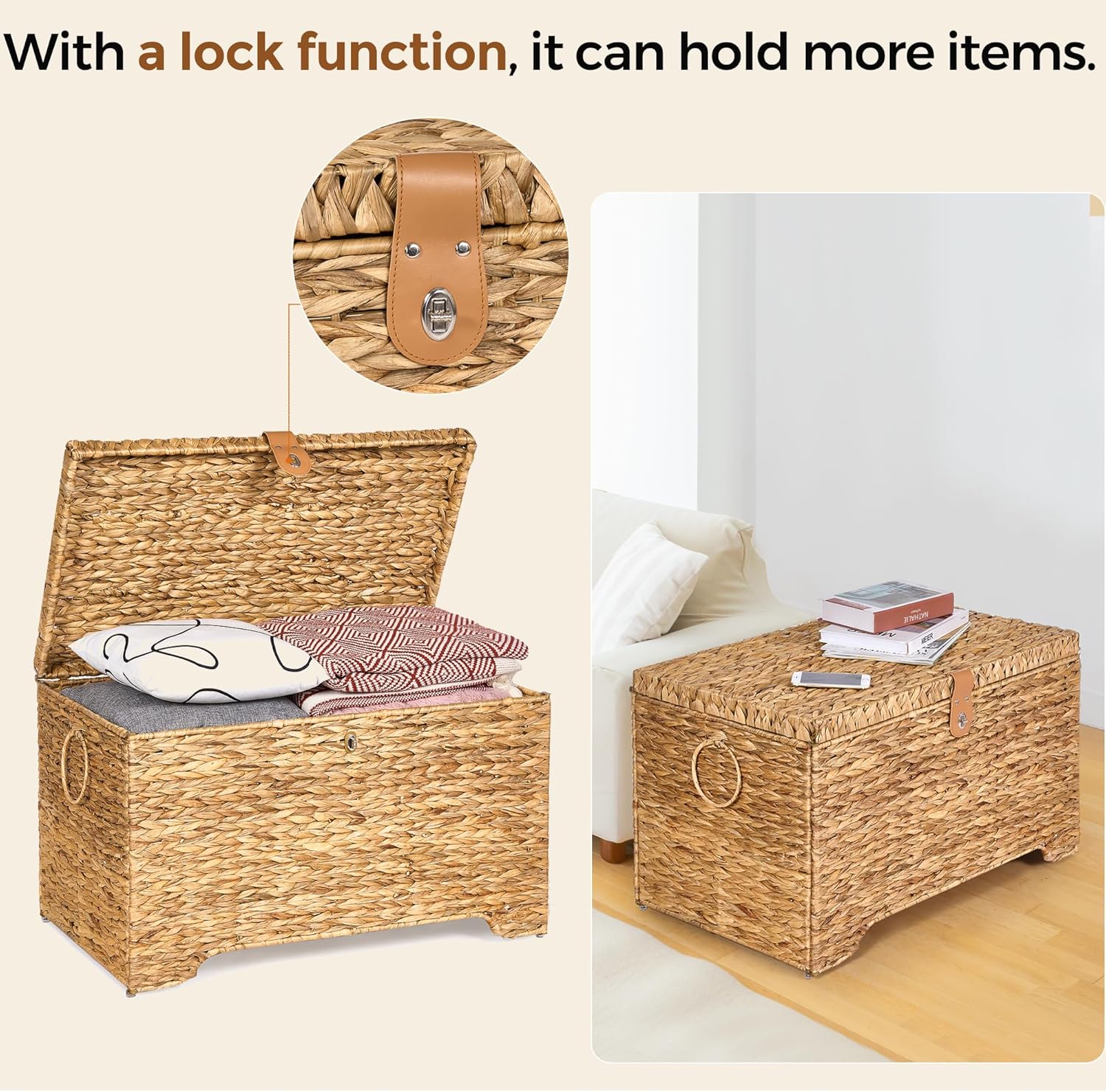 Handwoven Storage Basket with Lid, 165L Wicker Storage Bin, Natural Water Hyacinth, Leather Buckle