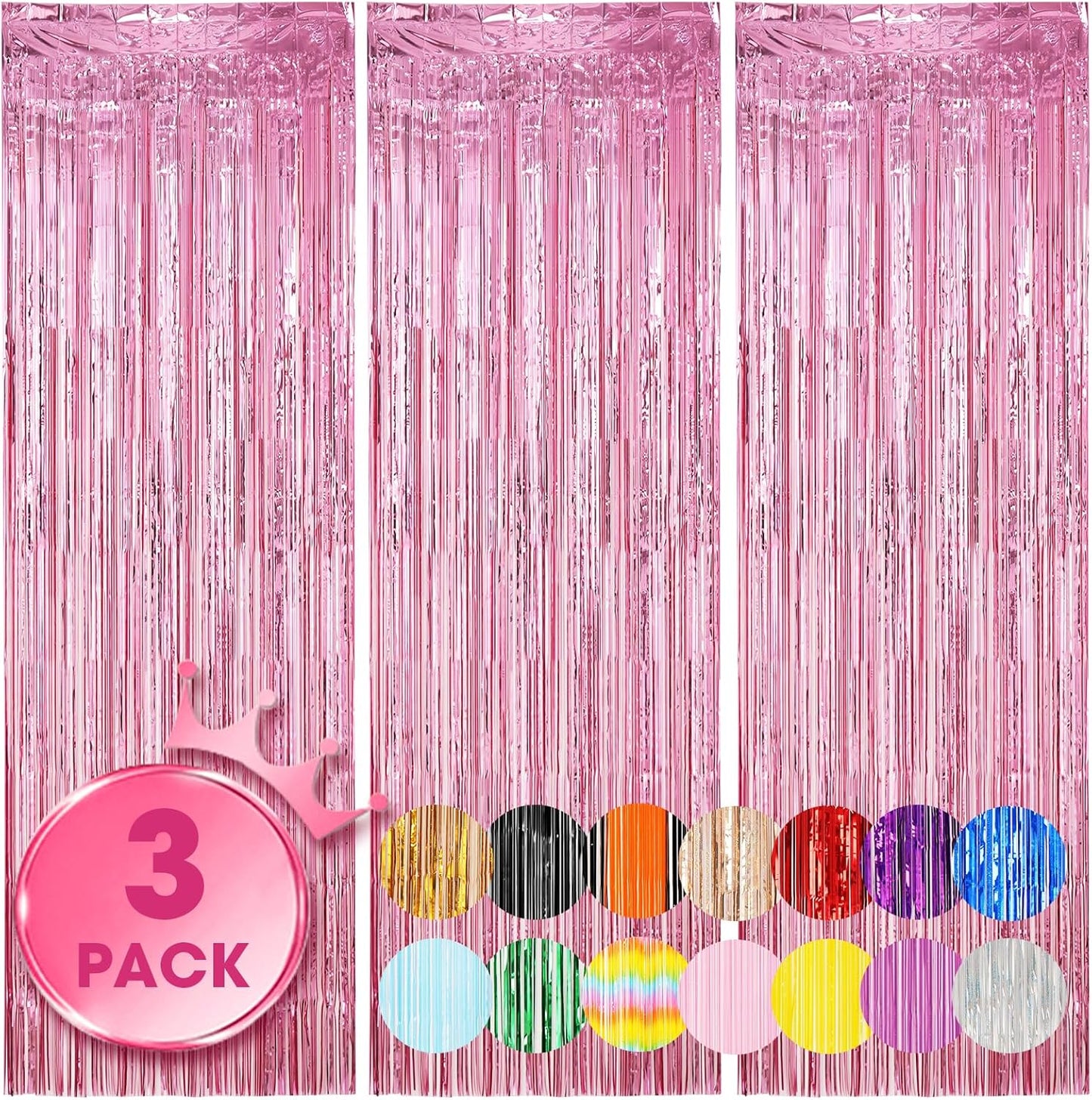 3 Pack 3.3 x 8.2 ft Light Pink Foil Fringe Backdrop Curtains, Tinsel Streamers Birthday Party