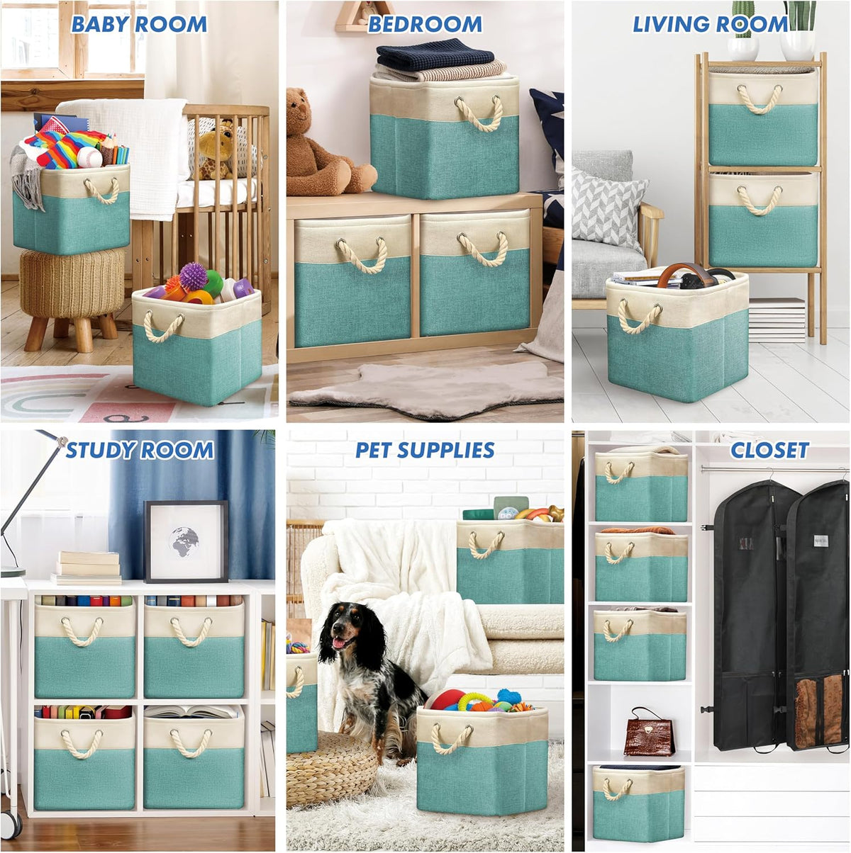 SIMPLE HOUSEWARE Fabric Storage Cubes, 13" x 13" Storage Bin, 3 Pack, Turquoise