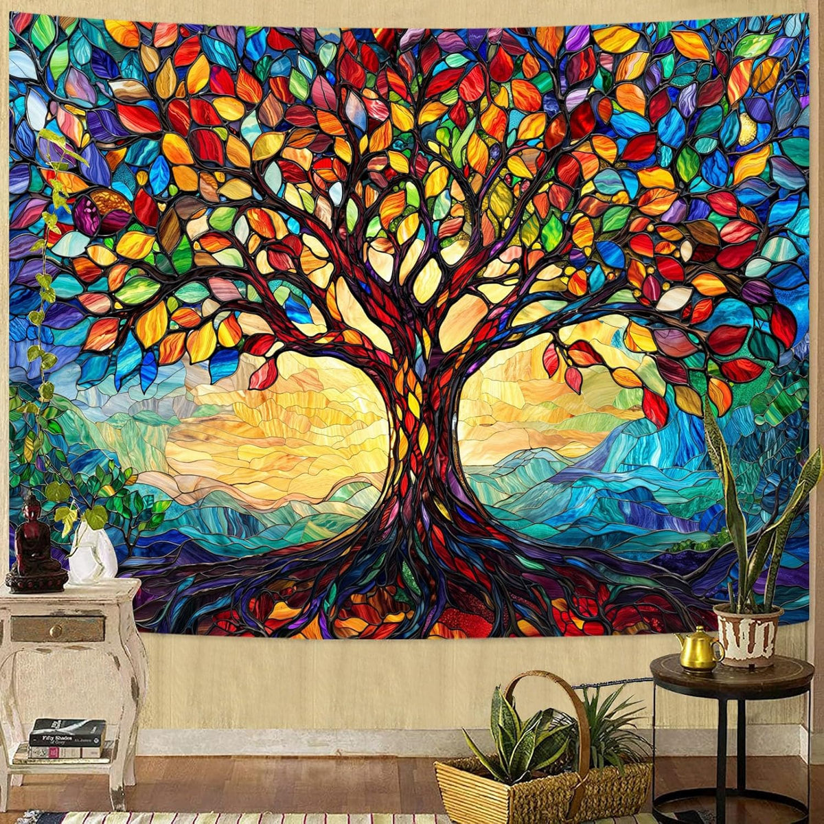Lunerfex Tree of Life Tapestry Stained Glass Tapestry Wall Decor Tapestries for Bedroom Art