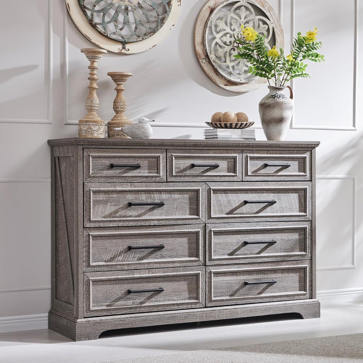 Farmhouse 9 Drawer Dresser for Bedroom, 36 Inch Tall Modern Dresser TV Stand with Large Drawers &