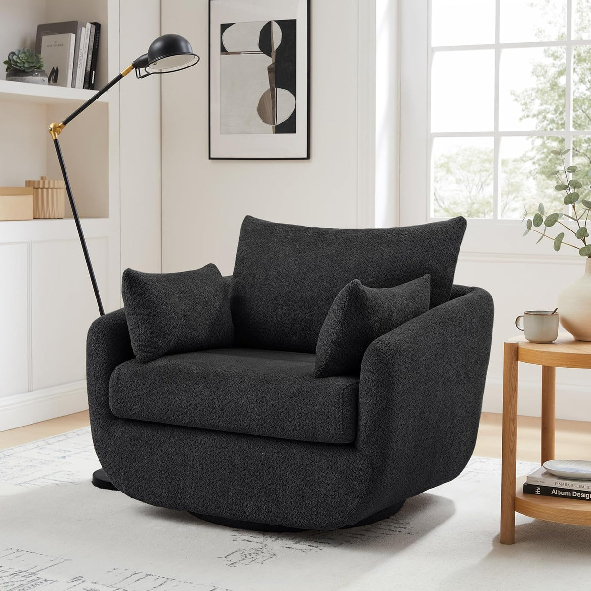 360° Swivel Accent Armchair, 39.3" Oversized, Sherpa Boucle Fabric Sofa Chair with Removable Back &
