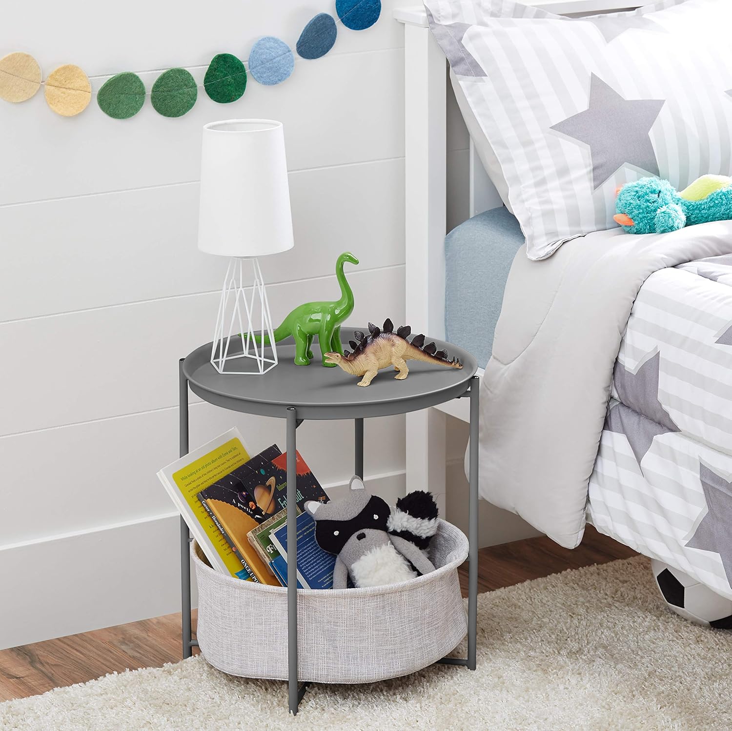 Amazon Basics Round Storage End Table, Side Table with Cloth Basket, Charcoal/Heather Gray, 17.7 x