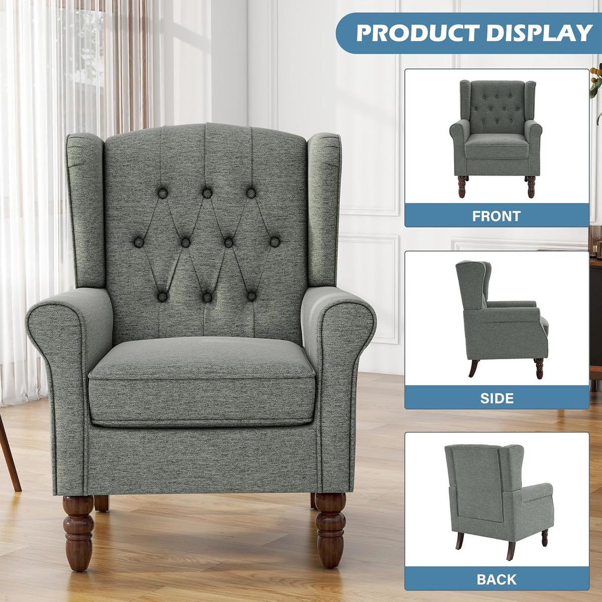 UIXE High Back Accent Chairs Set of 2, Upholstered Armchair in Fabric, Retro Wingback Arm Chair for