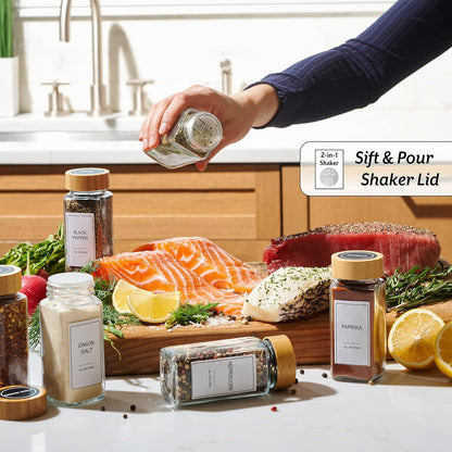 Set of 24 Glass Spice Jars with Various Labels, Bamboo Shaker Lids & Funnel, Kitchen Storage Jars