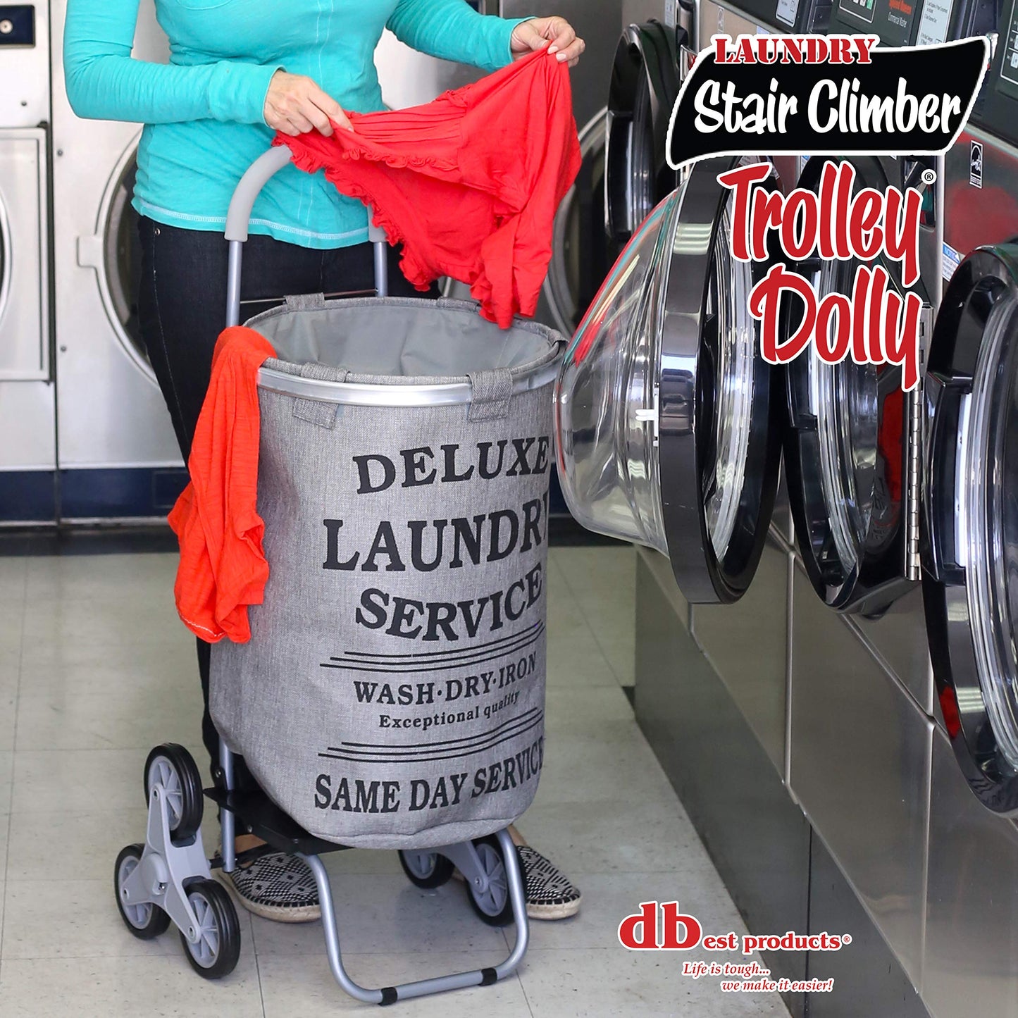 dbest products Stair Climber Laundry Trolley Dolly, Grey Laundry Bag Hamper Basket cart with wheels