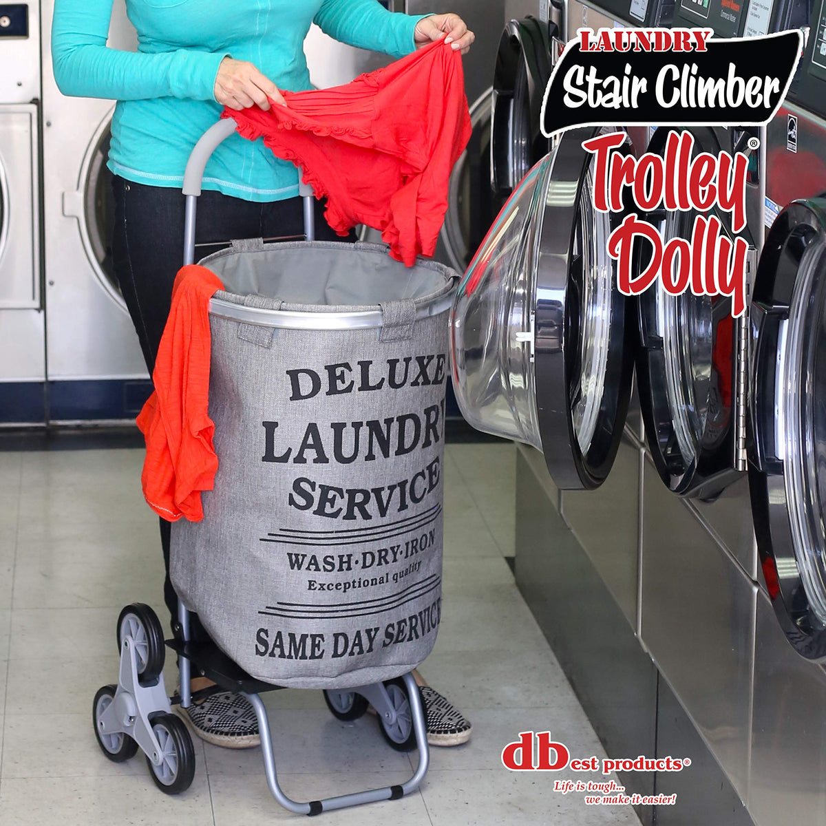 dbest products Stair Climber Laundry Trolley Dolly, Grey Laundry Bag Hamper Basket cart with wheels