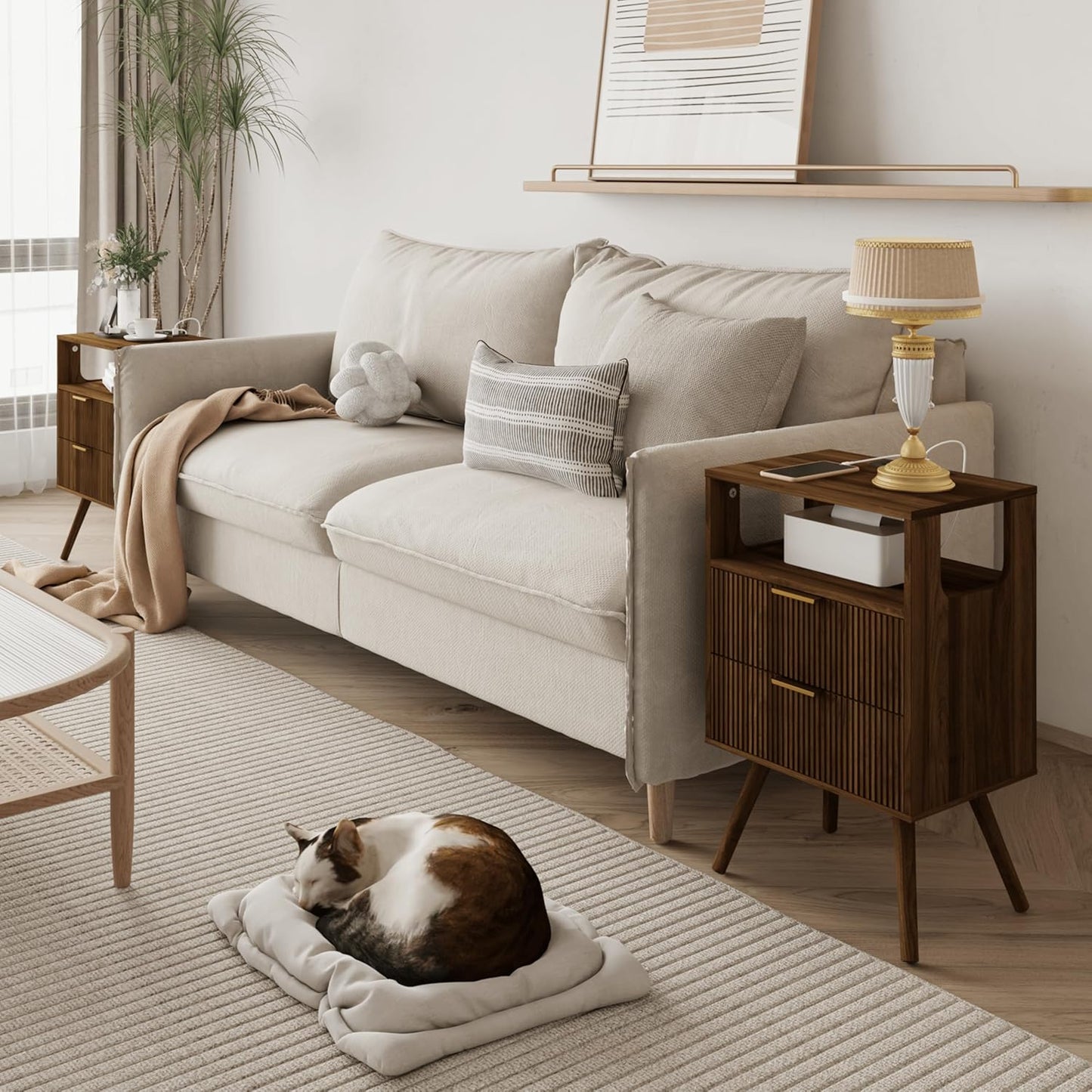 Nightstand with Charging Station and LED Lights,Modern Bedside Table with 2 Storage Drawer and Open