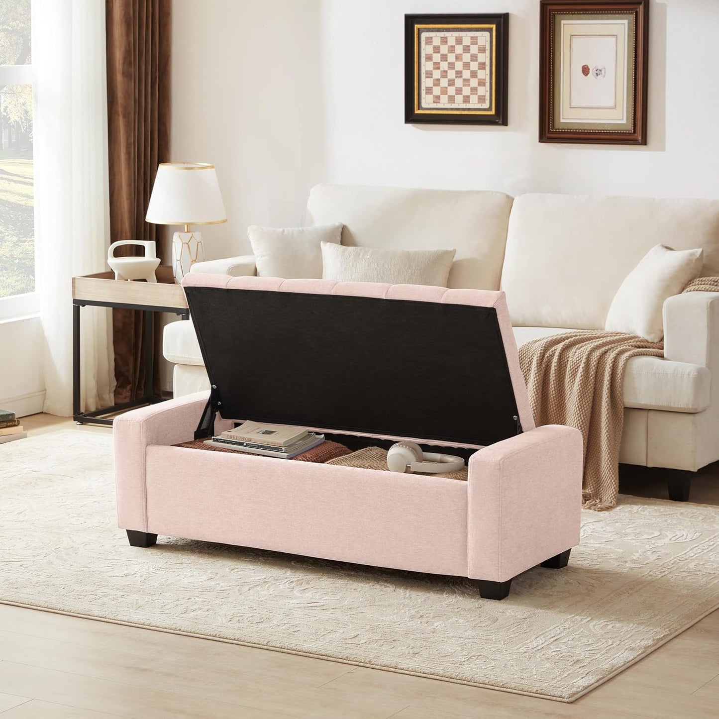 48" Ottoman with Storage, Pink Storage Ottoman Bench with Safety Hinge, Upholstered Entryway Bench