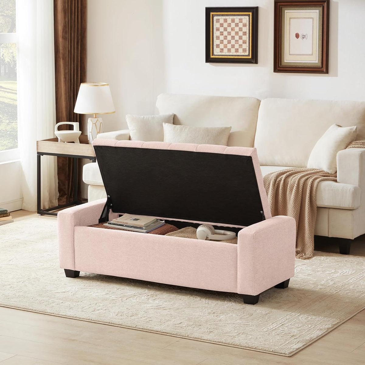48" Ottoman with Storage, Pink Storage Ottoman Bench with Safety Hinge, Upholstered Entryway Bench