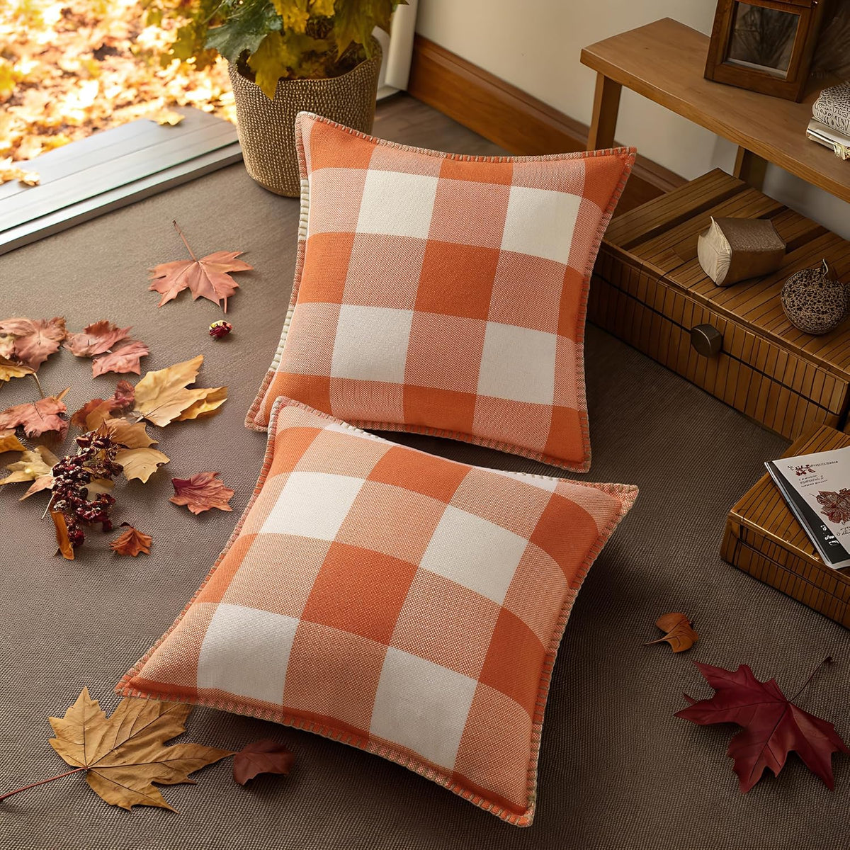 decorUhome Fall Orange and White Decorative Throw Pillow Covers 24x24 Set of 2, Buffalo Plaid Check