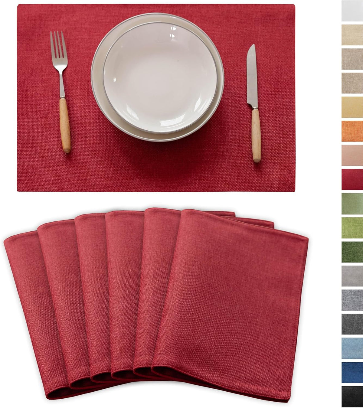 Demetex Christmas Placemats Set of 6 Red Linen Wipeable Place Mats Heat Resistant Cloth Placemats
