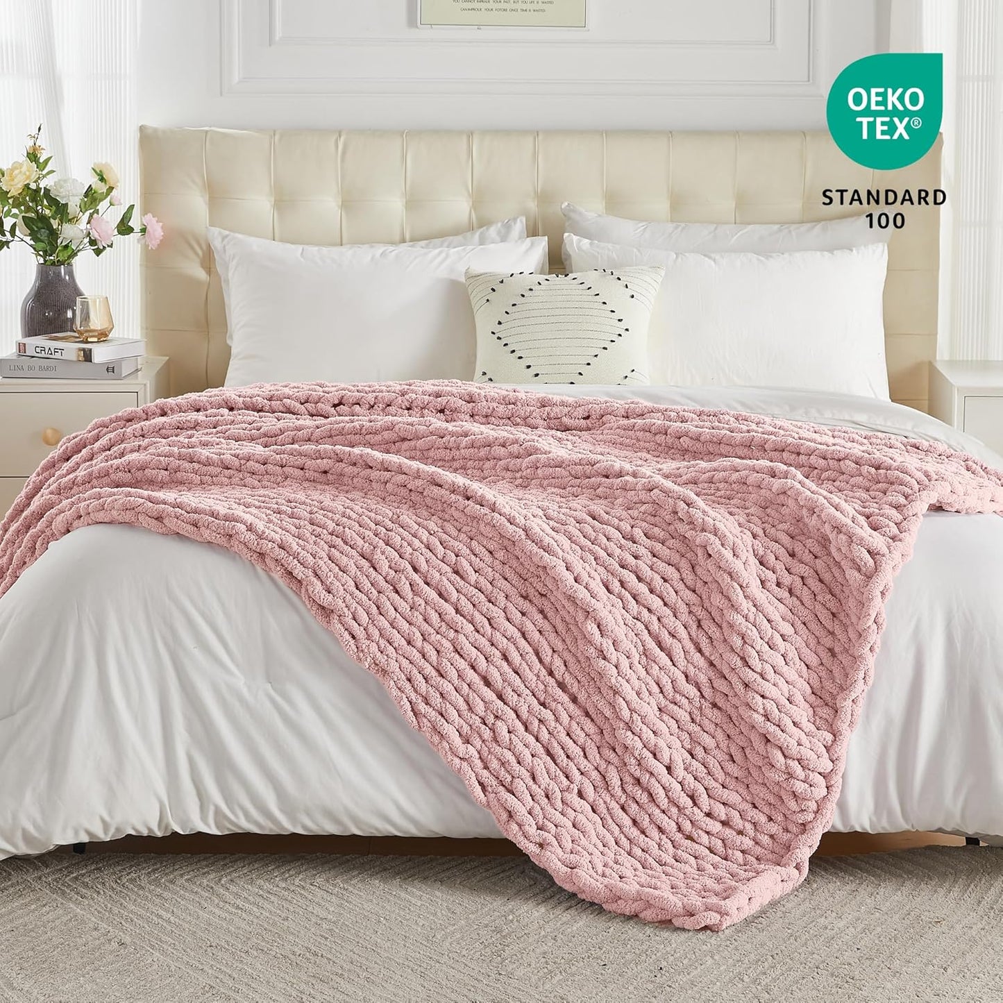 Carriediosa Chunky Knit Throw Blanket 50" X 60", 100% Hand Made Large Chenille Loop Yarn Soft