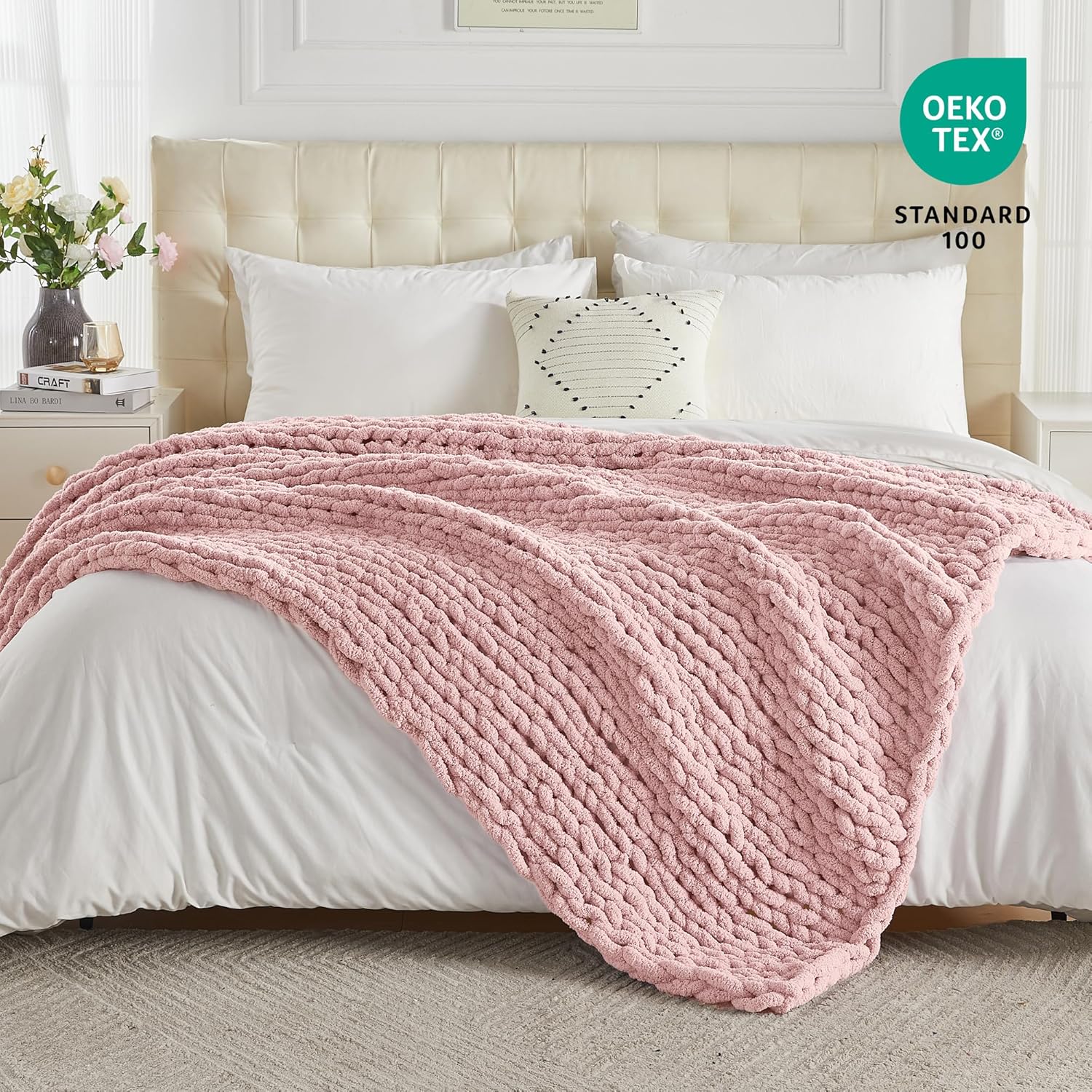 Carriediosa Chunky Knit Throw Blanket 50" X 60", 100% Hand Made Large Chenille Loop Yarn Soft