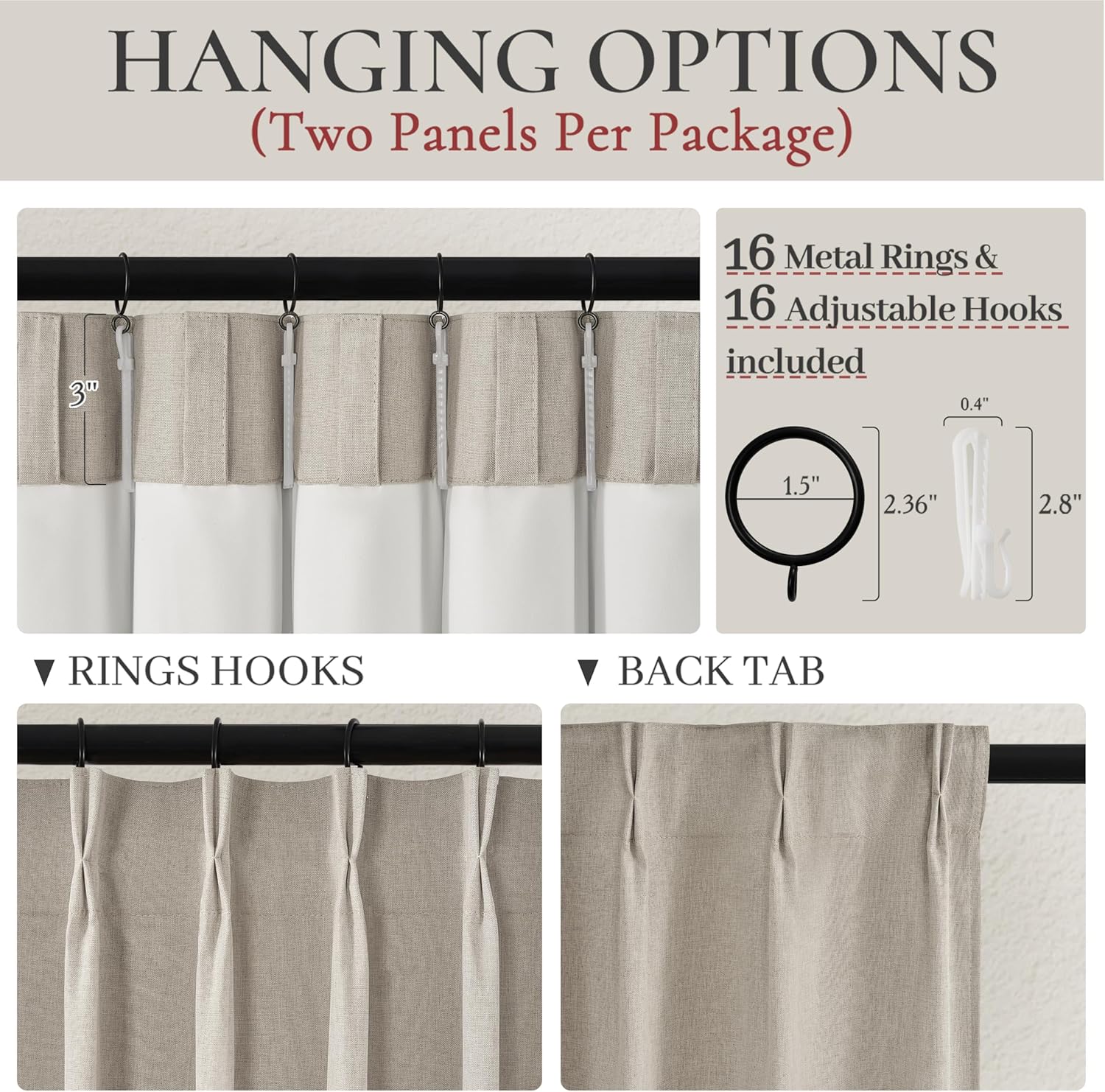 Viral Curtains with Pinch Pleat Clips & Hooks, Grey Taupe Faux Linen Blackout Curtain for Bedroom