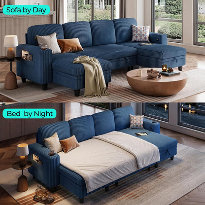 LINSY HOME Sectional Sleeper Sofa with Pull Out Couch Bed - Convertible Plush Corduroy Cloud Couch
