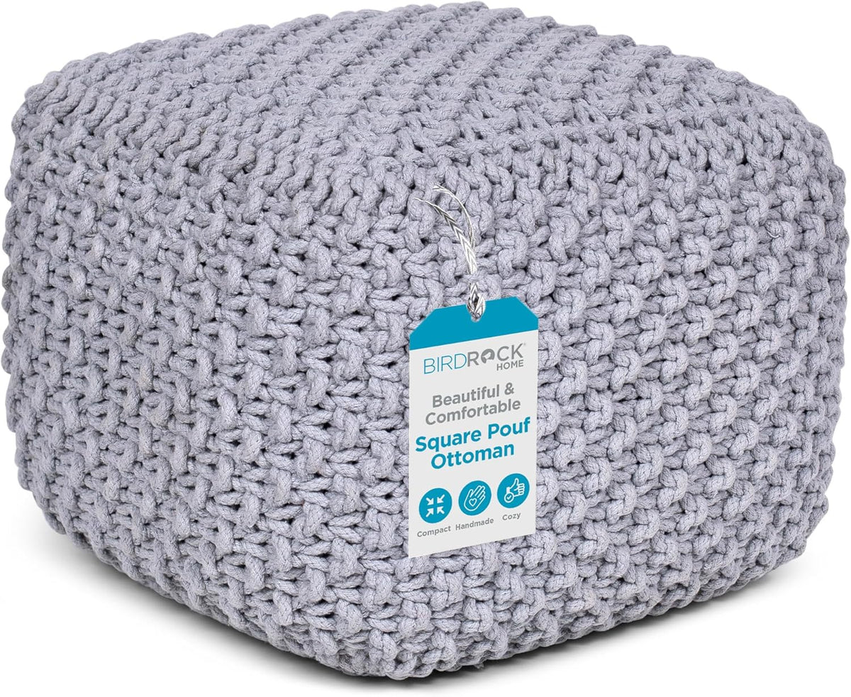 BIRDROCK HOME Square Pouf Ottoman | Cotton Braided Foot Stool with Bean Bag Filling | Boho Foot